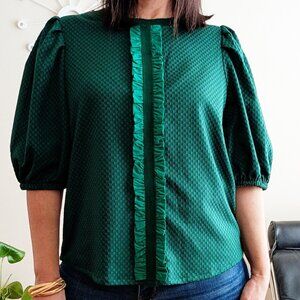 NWT Emerald Green Textured Puff Sleeve Ruffle Top Sm Holiday Statement Top Voy